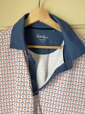 Walter Hagen White Polo with Red Floral Microprint and Blue Contrast Collar